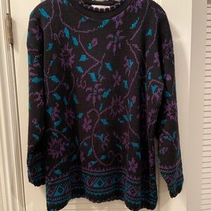Vintage Black Sweater with Purple and Teal Floral Pattern